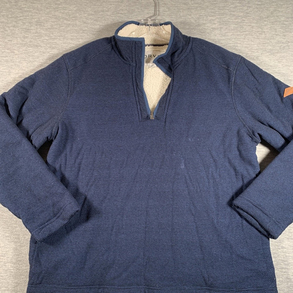Orvis Sweater Mens Large Blue Waffle Fleece Quarter Zip Sherpa Lined Pullover - Picture 2 of 10